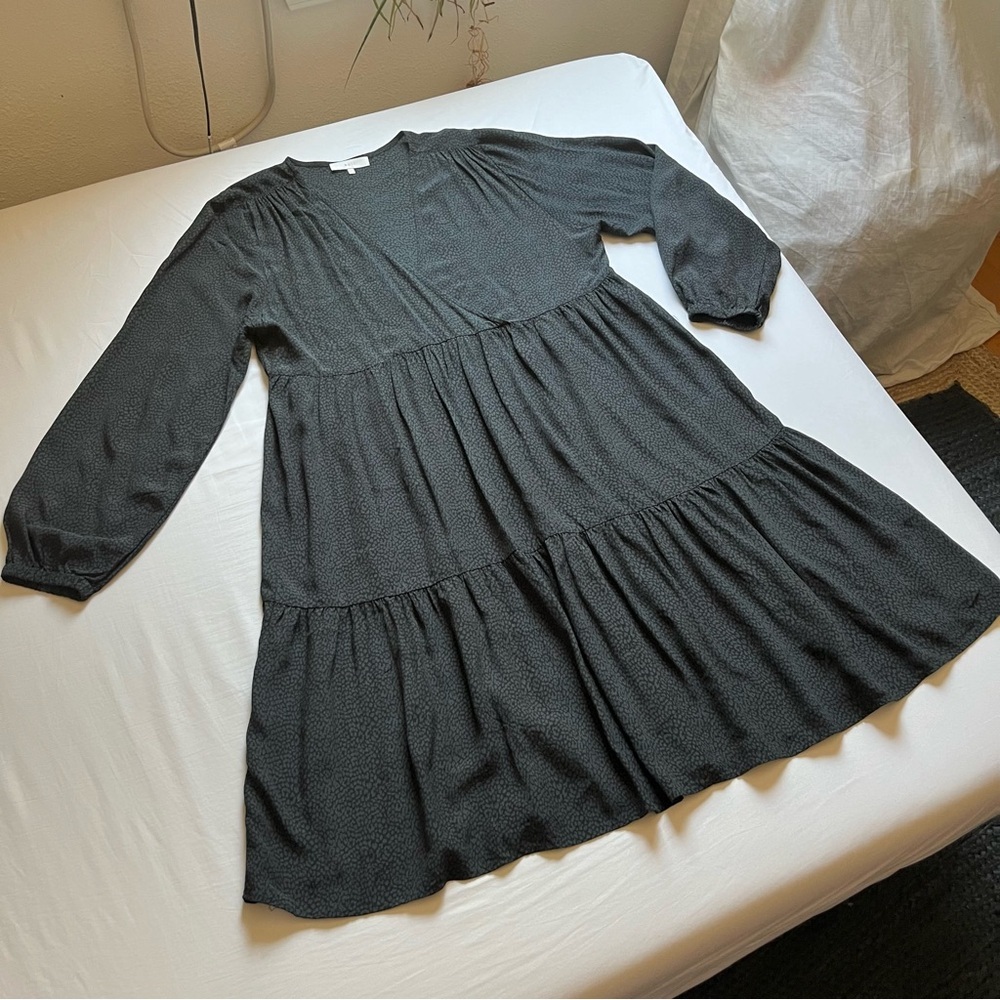 BOII dark grey cheetah leopard animal surplice long puff sleeve tiered midi‎